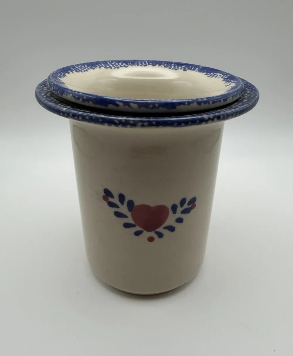 90s Vintage Stoneware Dip Chiller 2 Piece Crock Set Country Heart Cottage Farm